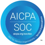 A blue circular badge featuring the text “AICPA SOC” in the center, with the URL “aicpa.org/soc4so” below it. Around the edge of the circle, the text reads “SOC for Service Organizations | Service Organizations.”