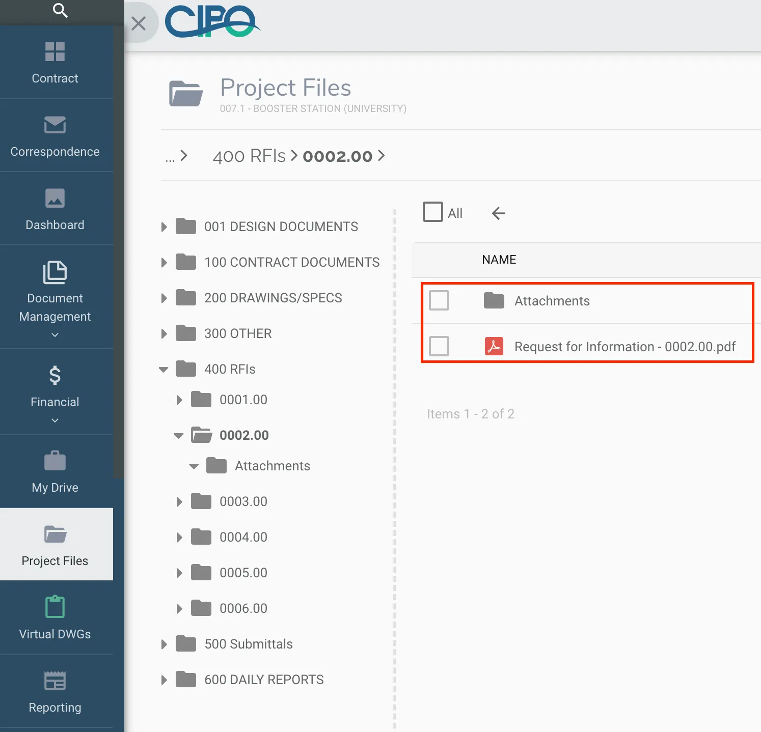 A screenshot of the “Project Files” section in the CIPO document management system, specifically showing the folder path 400 RFIs > 0002.00. Inside this folder, there are two items: a subfolder labeled “Attachments” and a PDF file named “Request for Information - 0002.00.pdf.”