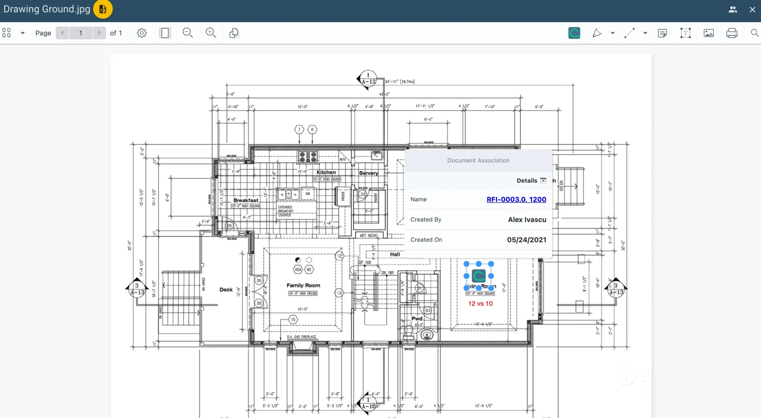 Architectural floor plan of a ground level layout with labeled rooms including Kitchen, Breakfast, Family Room, Deck, Hall, and Powder Room. A pop-up overlay shows document association details for “RFI-0003.0, 1200” created by Alex Ivascu on 05/24/2021.