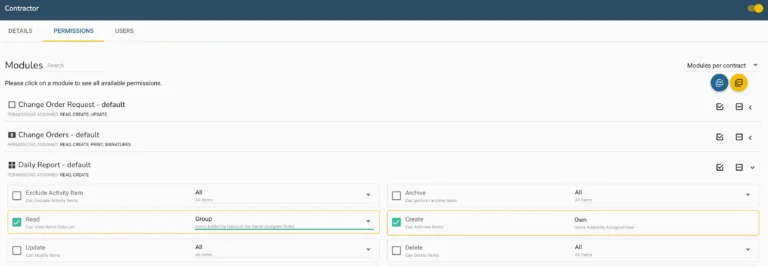 A user interface from a contractor permission management system. The “Permissions” tab is active with modules listed, including “Change Order Request,” “Change Orders,” and “Daily Report.” Permissions such as READ, CREATE, UPDATE, PRINT, and SIGNATURES are shown. At the bottom, specific permissions like “Read,” “Create,” “Update,” “Delete,” and “Archive” are shown with dropdowns to restrict them by item ownership or group.