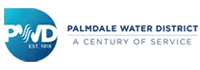Palmdale Water District logo featuring the acronym "PWD" with wave graphics inside a blue water droplet shape, accompanied by the text "Palmdale Water District – A Century of Service."