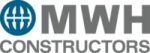 MWH Constructors logo featuring a stylized blue globe icon followed by bold grey text "MWH" and lighter grey text "CONSTRUCTORS" beneath it.