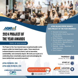 APWA IE January Meeting Flyer for the 2024 Project of the Year Awards. Includes CIPO Software as the Limelight Sponsor.