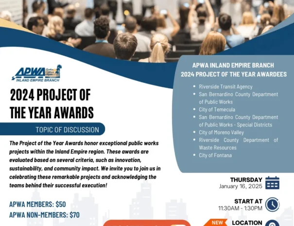 APWA IE January Meeting Flyer for the 2024 Project of the Year Awards. Includes CIPO Software as the Limelight Sponsor.