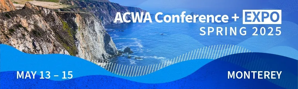 Promotional banner for the ACWA Conference + Expo Spring 2025, featuring ocean cliffs with event details: May 13–15 in Monterey.