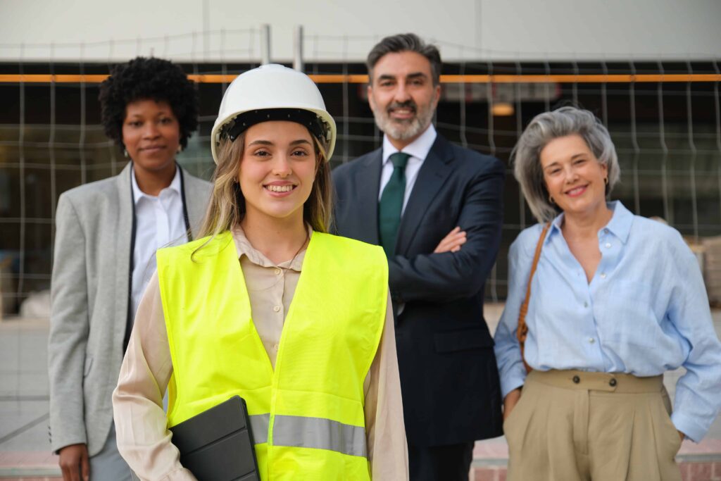female-engineer-holding-tablet-and-smiling-with-coworkers