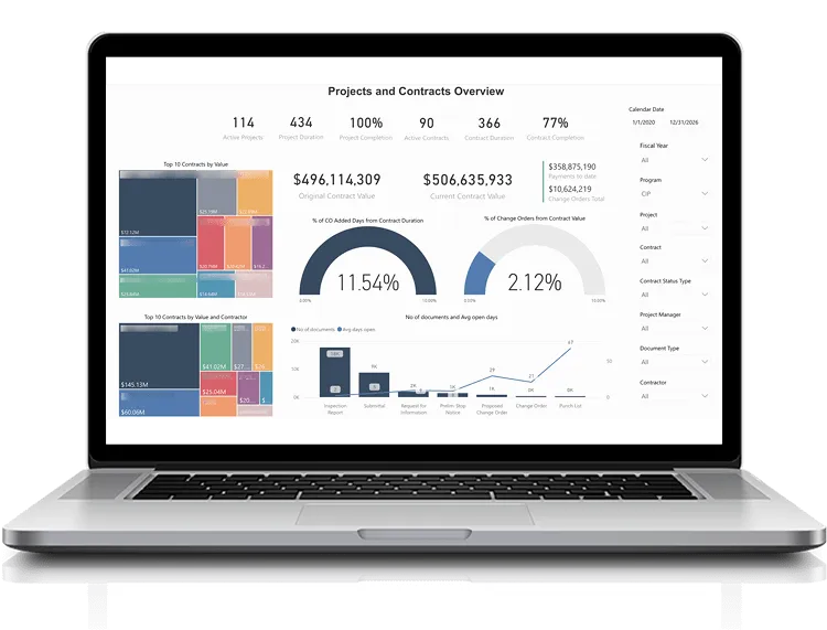 Laptop displaying project and contracts overview dashboard with charts and analytics
