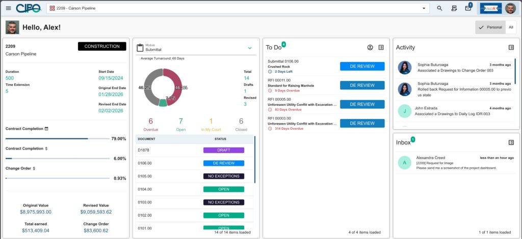 Screenshot of CIPO cloud software dashboard for construction project management