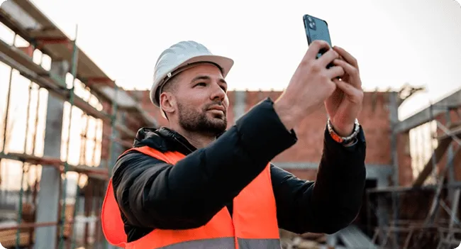 A construction worker in a safety vest and hard hat taking a photo on a smartphone at a construction site