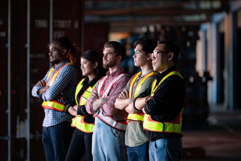 Employees of a public works agency stand together on a work site
