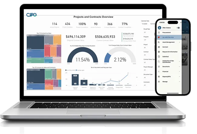 Laptop and smartphone displaying a projects and contracts analytics dashboard with charts, metrics, and a mobile navigation menu interface