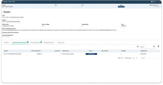 Change order details page showing request information, activity tabs, and approval status in a project management system