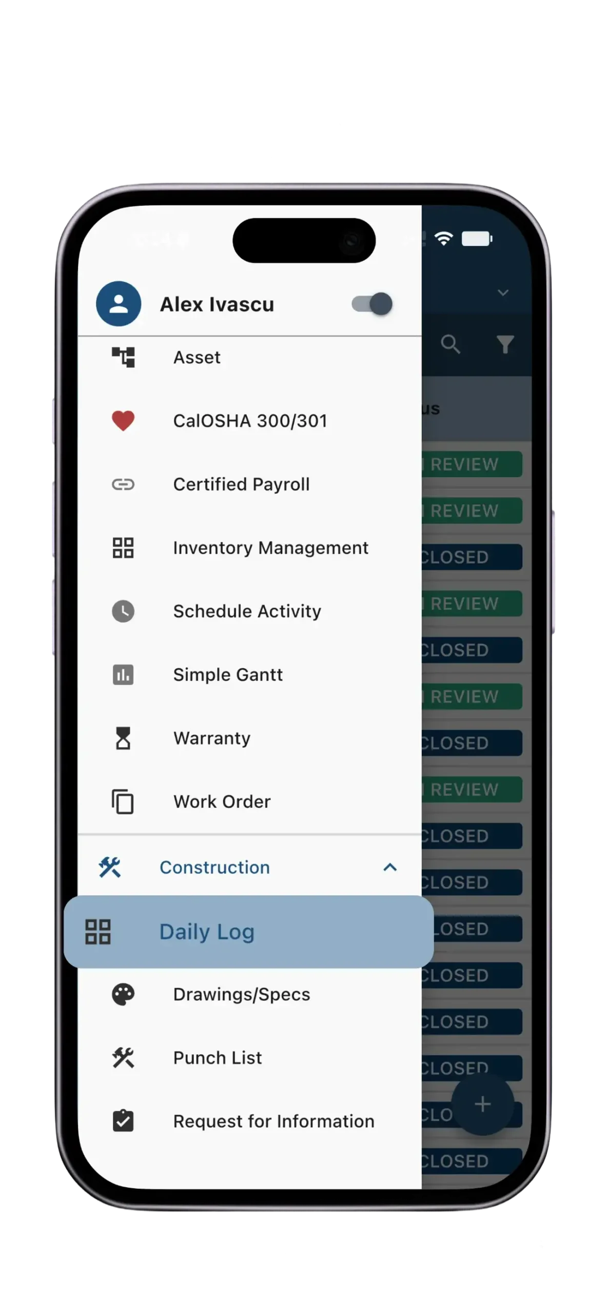 Construction app daily log menu