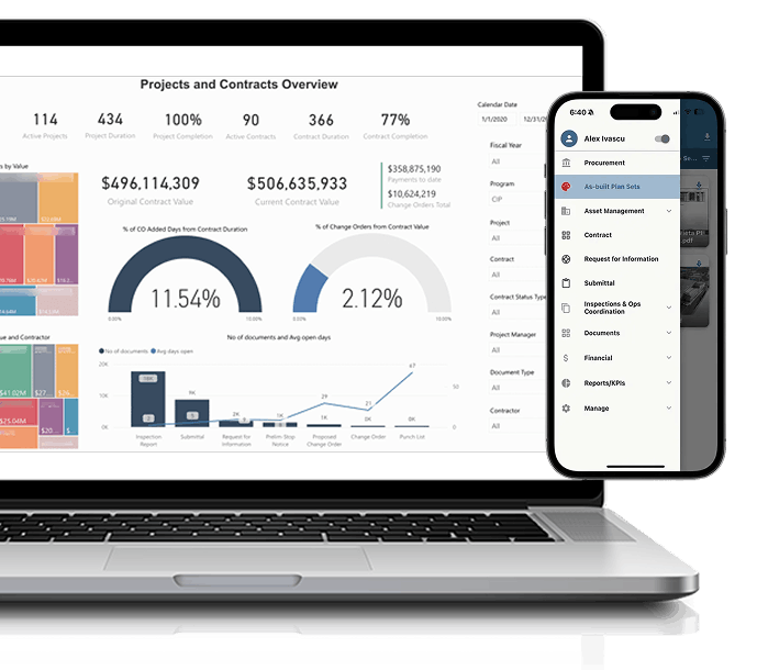 Project management dashboard displayed on a laptop with a mobile app menu for contracts, documents, and reports
