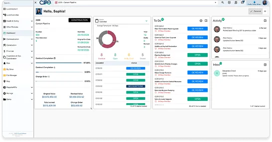 Construction project management dashboard showing contract details, tasks list, activity feed, and project status summary