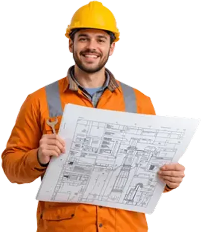 A construction worker smiling and holding architectural blueprints