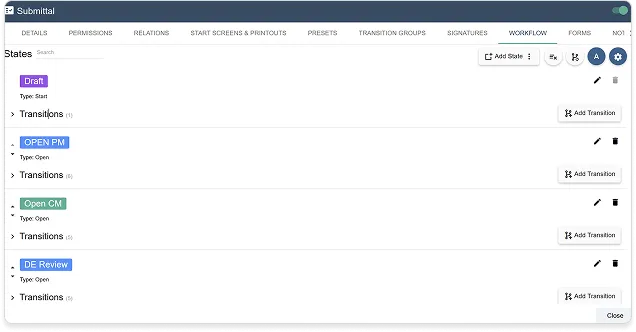 Submittal workflow settings screen showing states and transitions for draft, open, and review stages
