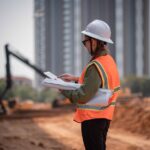 Construction manager looks over construction plans at a job site