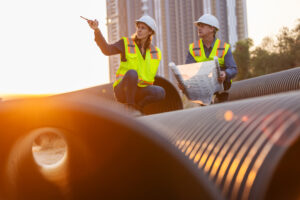 two construction workers, one kneeling and the other standing, on large pipes at a construction site reviewing blueprints