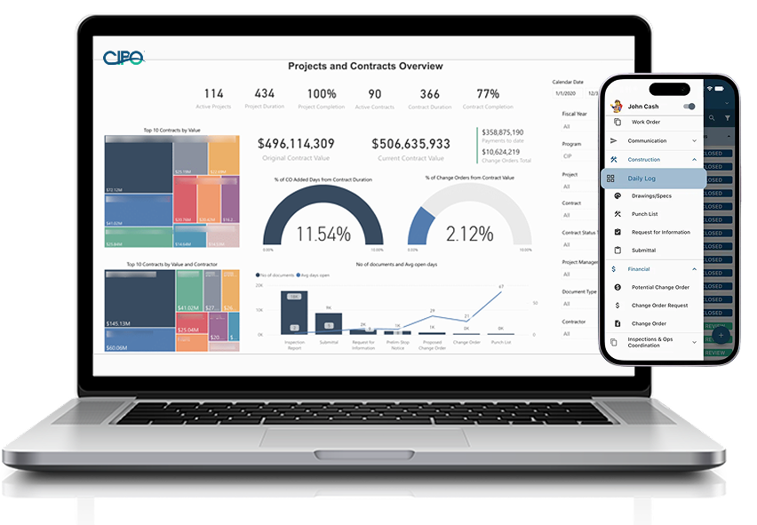 CIPO device mockup showing construction software dashboard and mobile app for CIPO Software