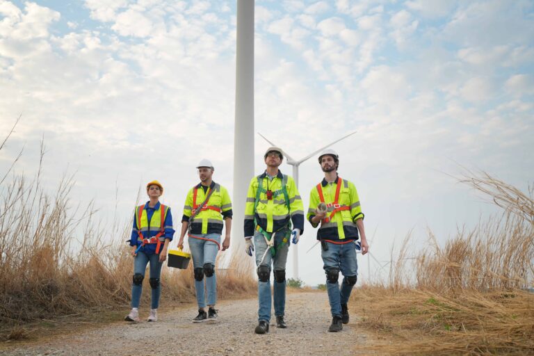 Wide perspective of wind turbine engineers walking down a concrete path