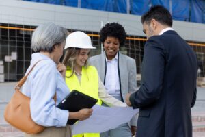Architects discussing plans at a construction site
