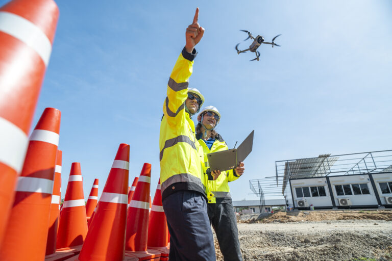 Two engineers in high visibility jackets and helmets operate a drone using a laptop amidst a stack of traffic cones on a construction site. The scene highlights advanced technology and teamwork.