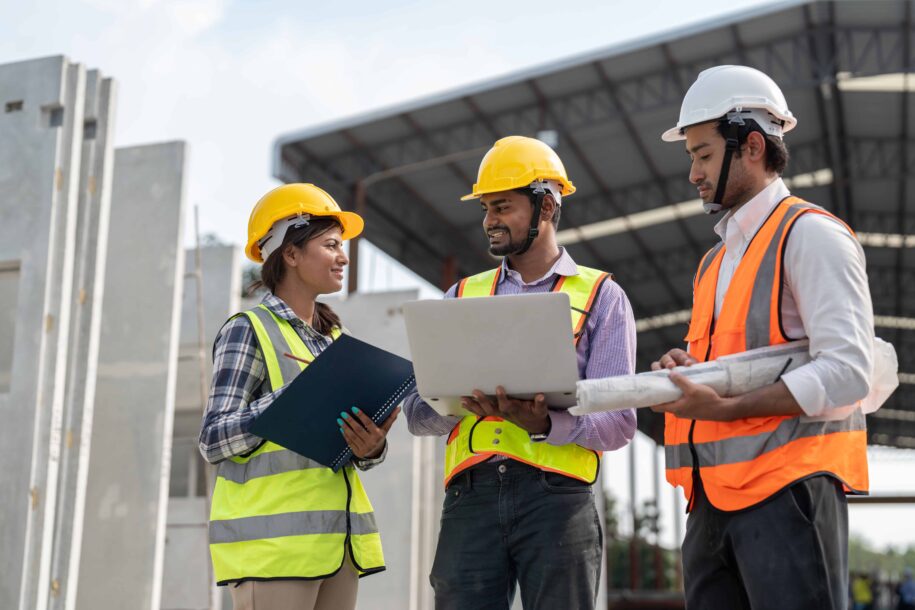 construction workers discussing project on laptop